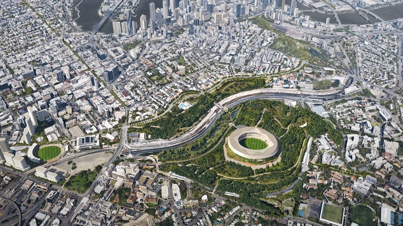 Artist impression of the Victoria Park precinct and the new Brisbane Stadium, with the Brisbane CBD behind
